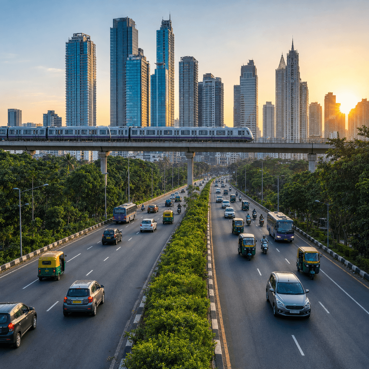 Banglore skyline with metro train and busy highway traffic at sunset
