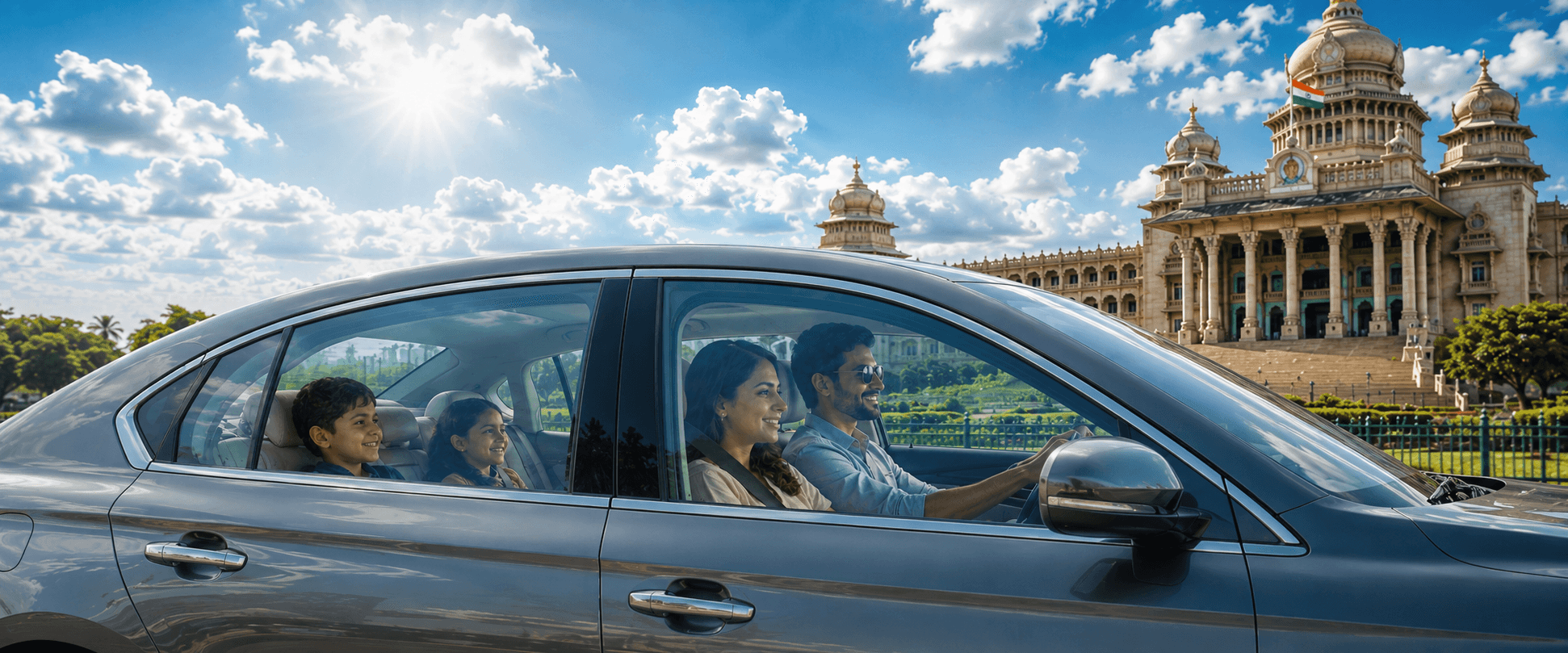 Family driving with SUNKOOL window film tinted windows in Bangalore