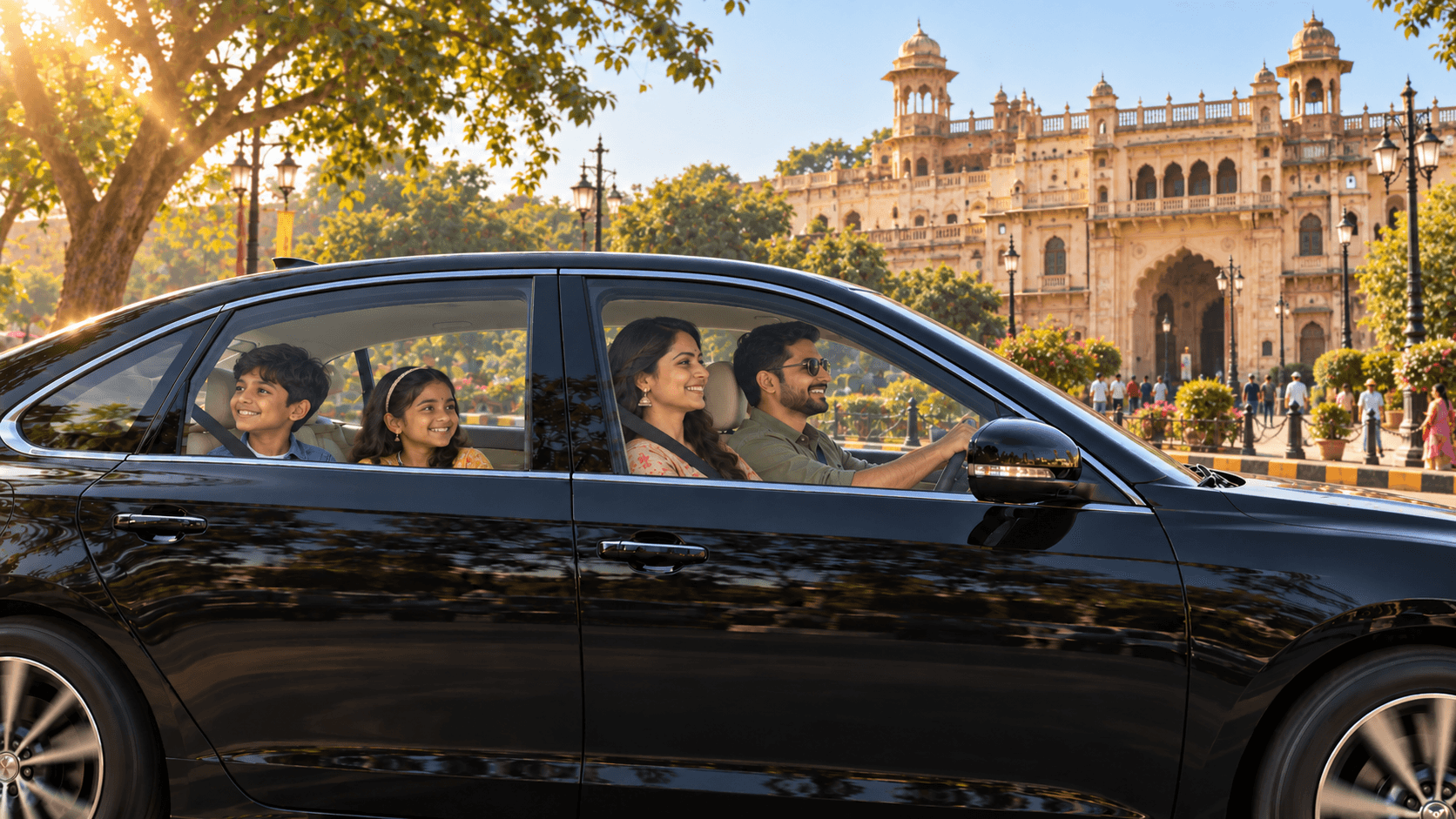 Family travelling by car in Bhopal in warm sunlight