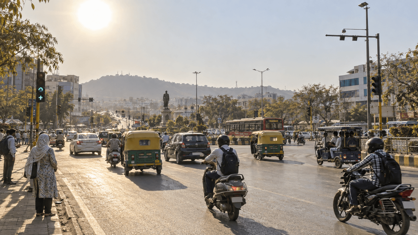 Cars, buses and auto-rickshaws in Bhopal traffic under bright sunlight
