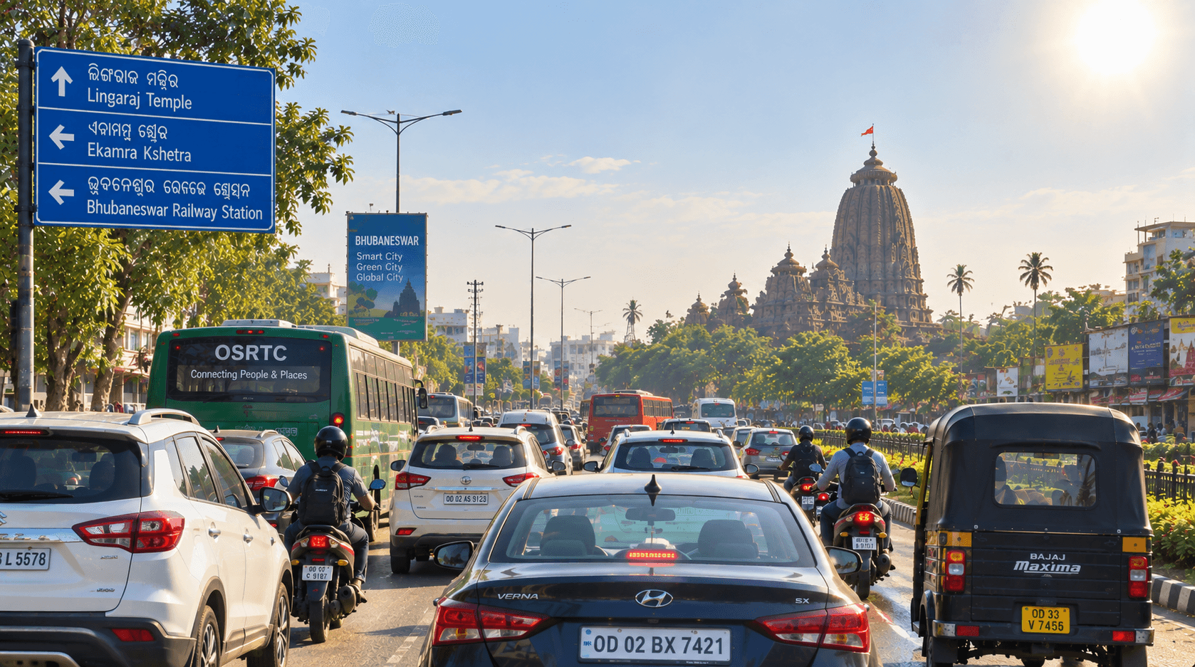 Cars in daytime traffic on a Bhubaneswar road under bright sun
