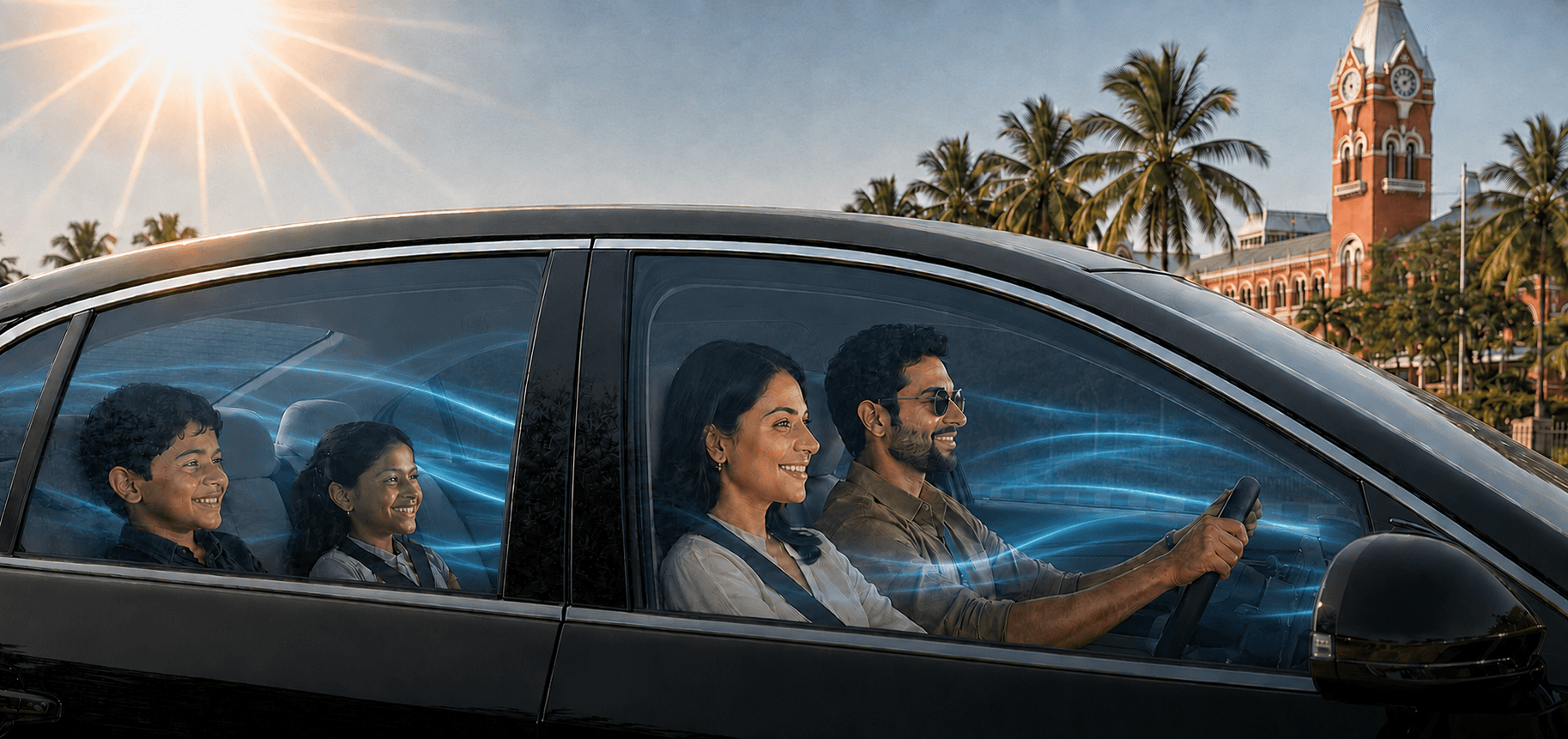 Family driving past Chennai's landmark railway station at golden hour with SUNKOOL heat-control window film