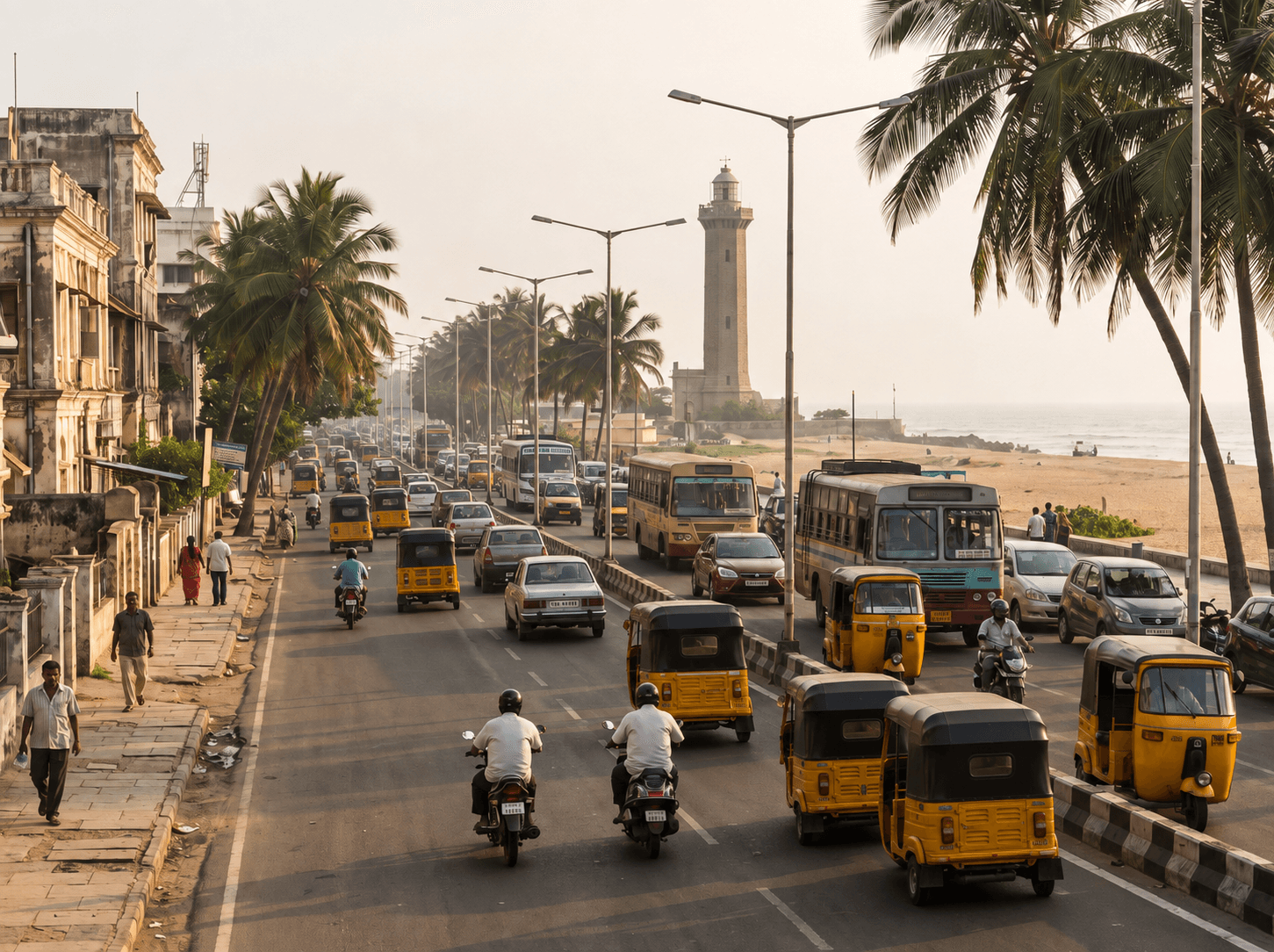 Cars, an auto-rickshaw and a bus in daytime traffic near Chennai's coastal roads under bright sun