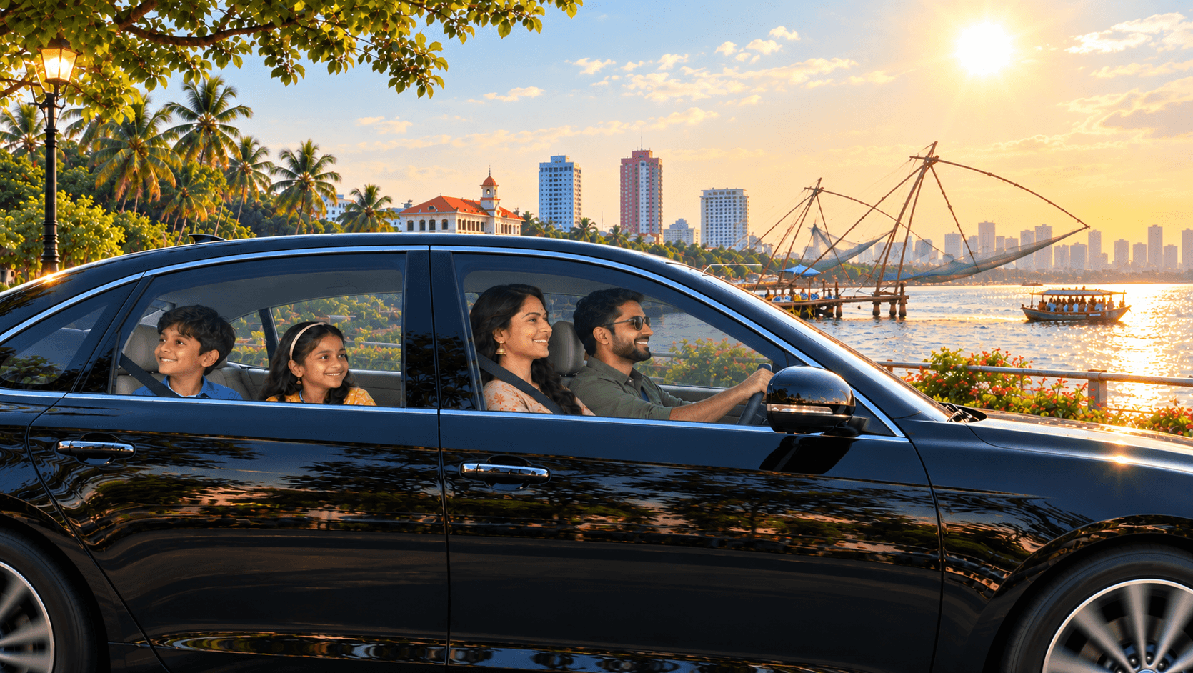 Family travelling by car in Ernakulam near the Kerala backwaters