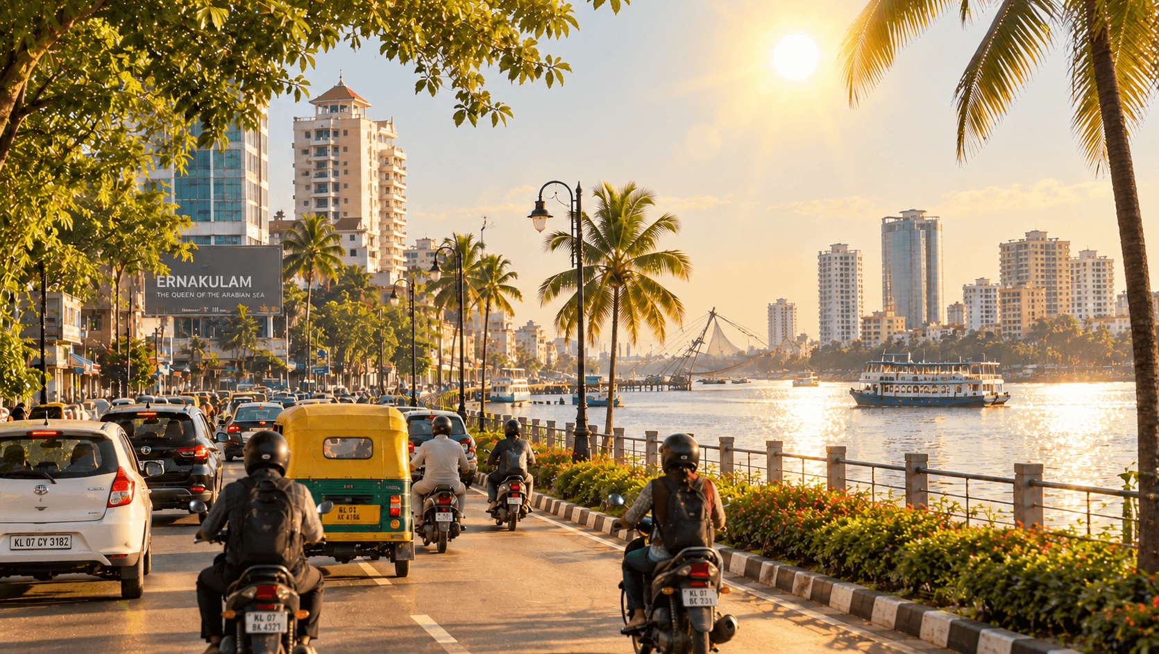 Cars and buses in Ernakulam traffic under bright sunlight