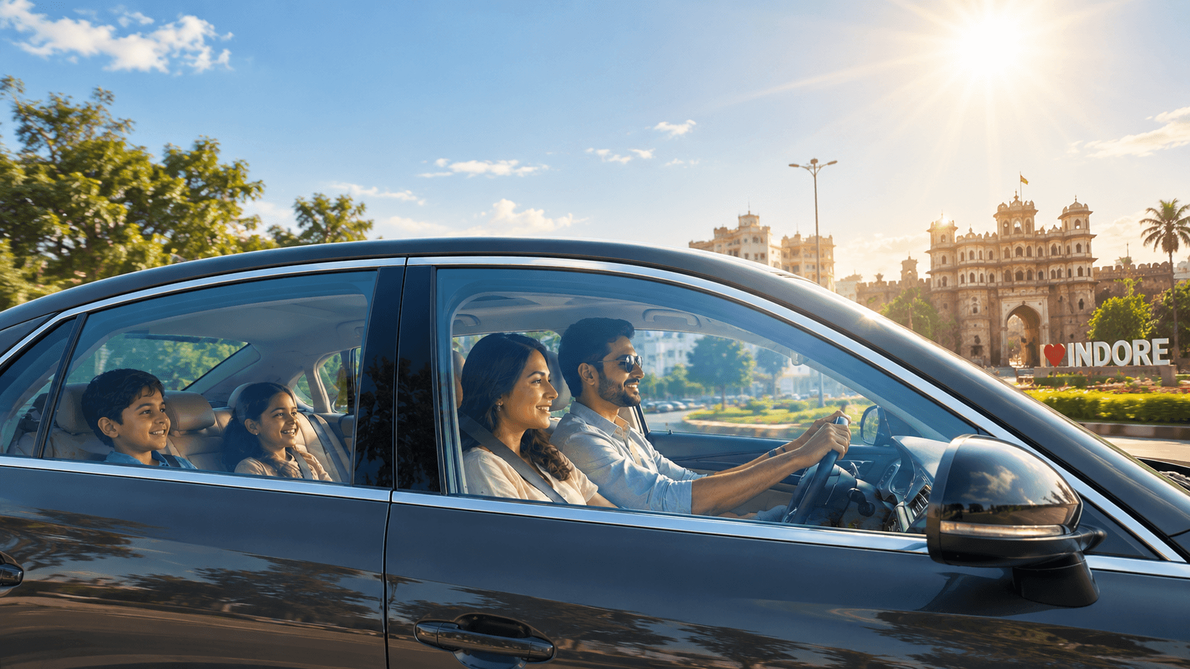 Premium car with professionally installed SUNKOOL nano-ceramic window film parked in Indore