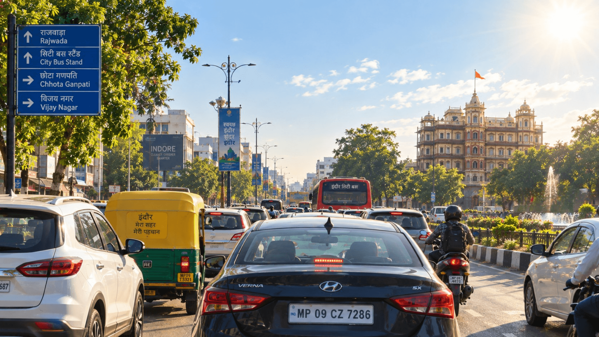 Indore city traffic in daytime sun, with cars and two-wheelers on the road