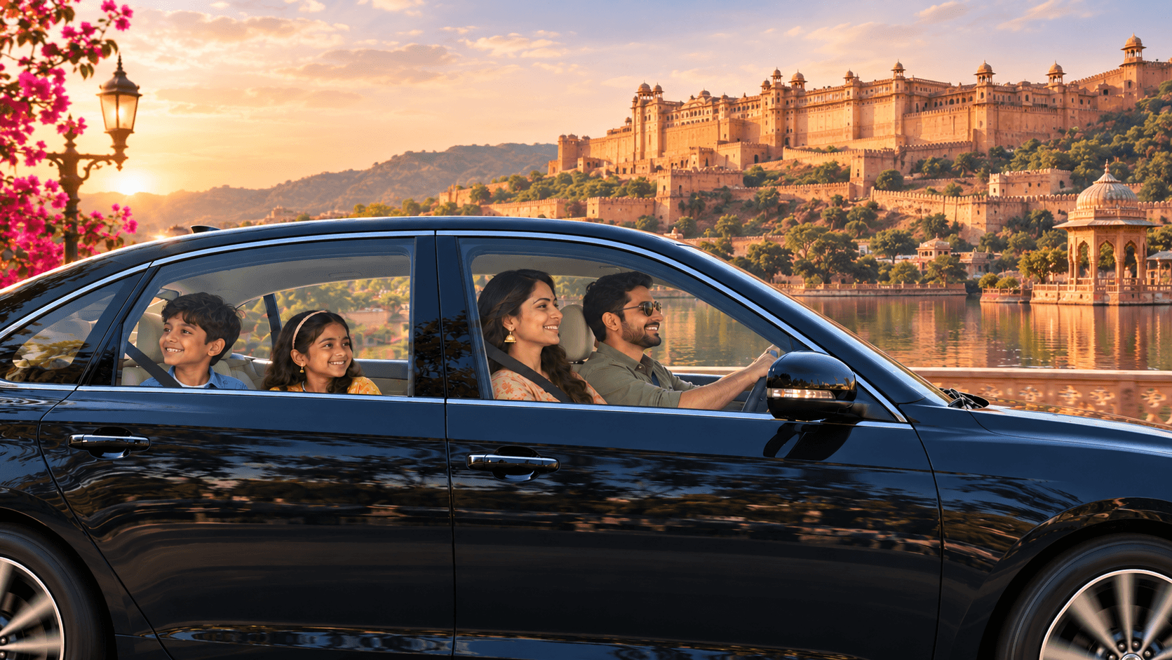 Family travelling by car in Jaipur in warm sunlight