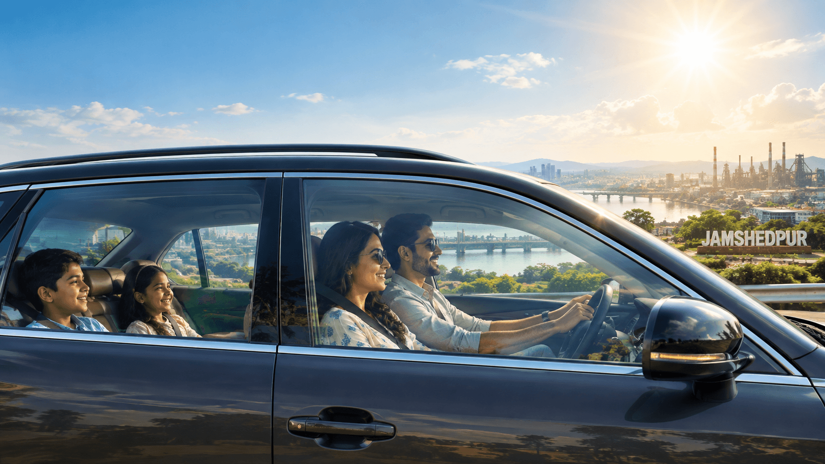 Car driving through Jamshedpur under bright sun with SUNKOOL heat-control window film