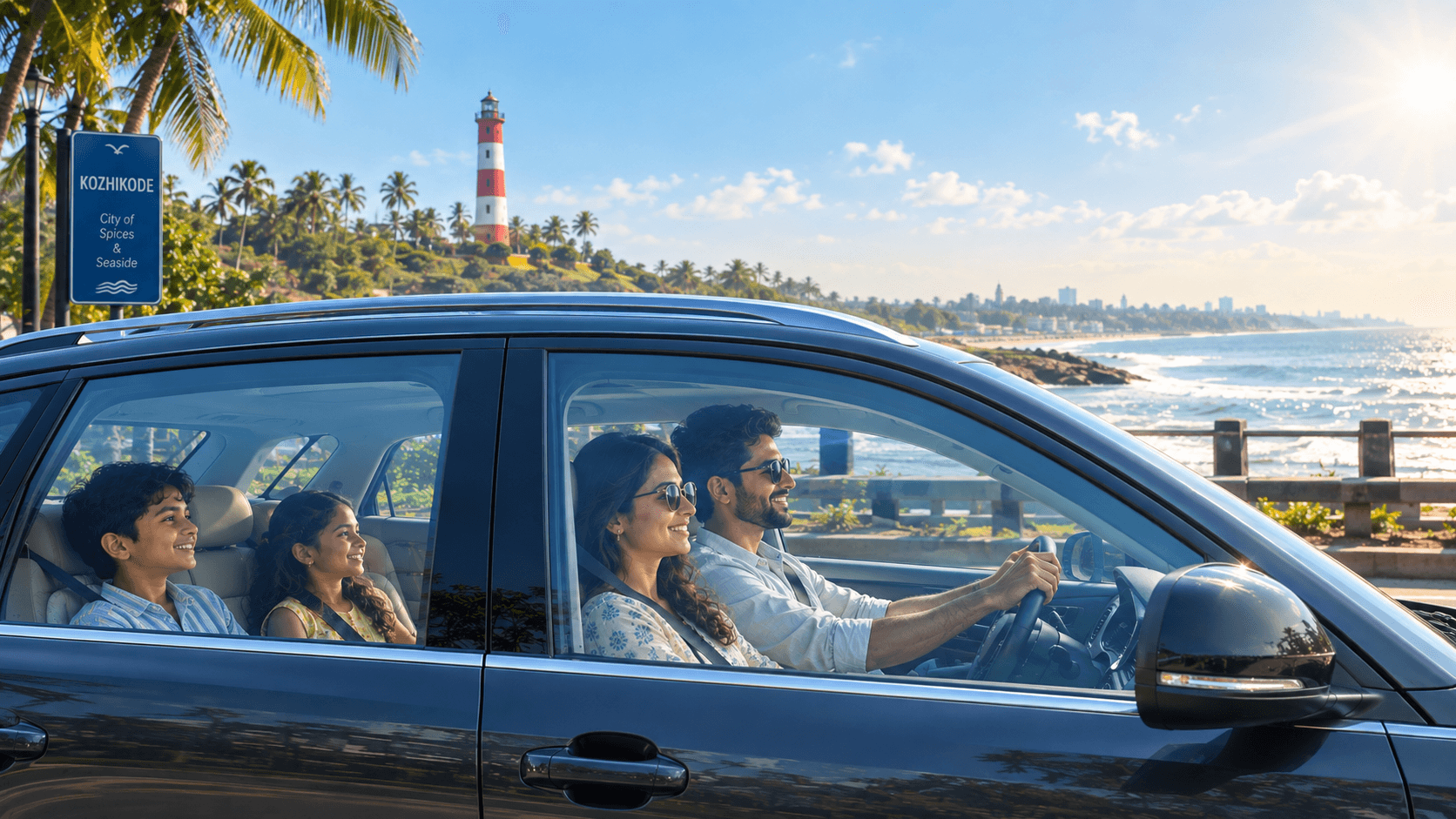 Car driving through Kozhikode under bright sun with SUNKOOL heat-control window film