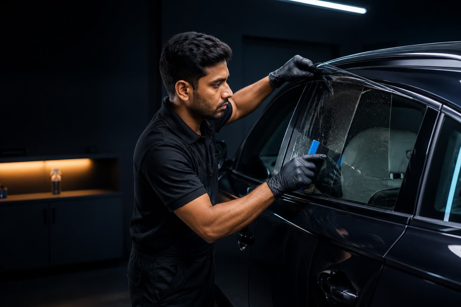 Professional technician installing window film on a car.