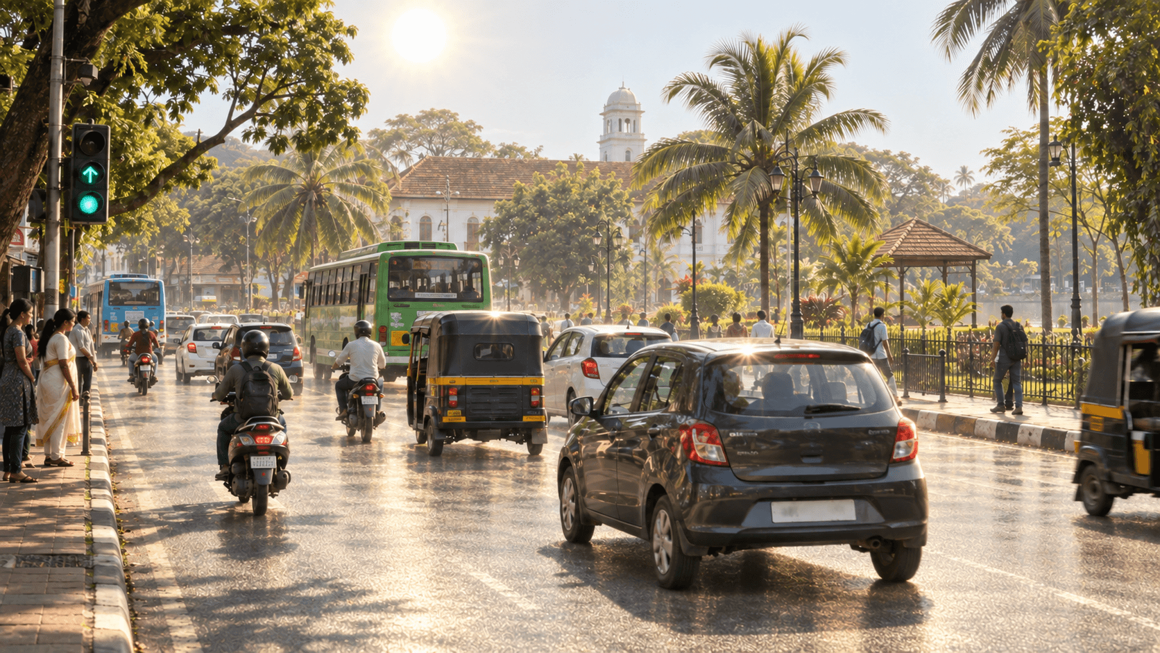 Cars in daytime traffic on a Kozhikode road under bright sun