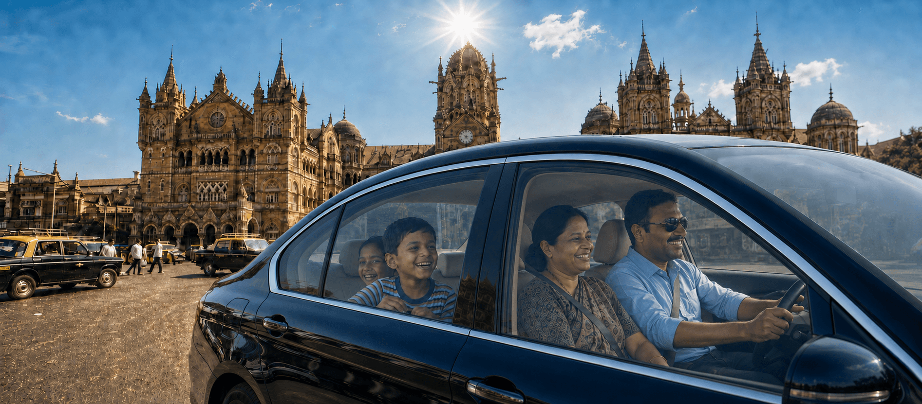 Family driving past Chhatrapati Shivaji Maharaj Terminus (CSMT) with SUNKOOL heat-control window film
