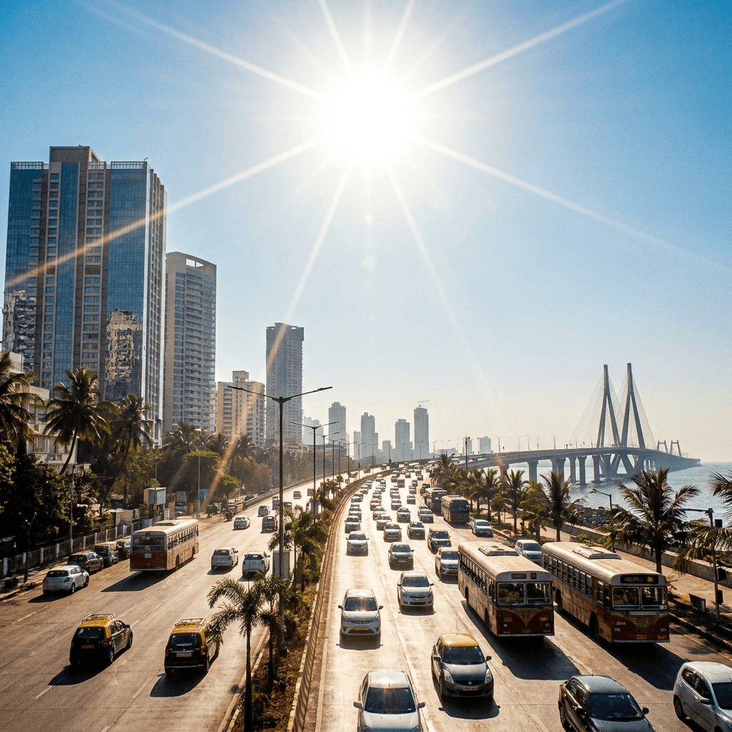 Mumbai coastal skyline and expressway traffic near the Bandra-Worli Sea Link under intense midday sun