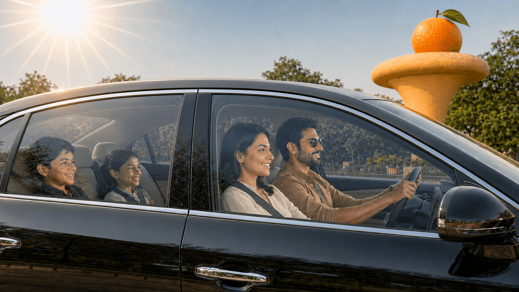 Family driving past Nagpur's Zero Mile Stone monument at golden hour with SUNKOOL heat-control window film