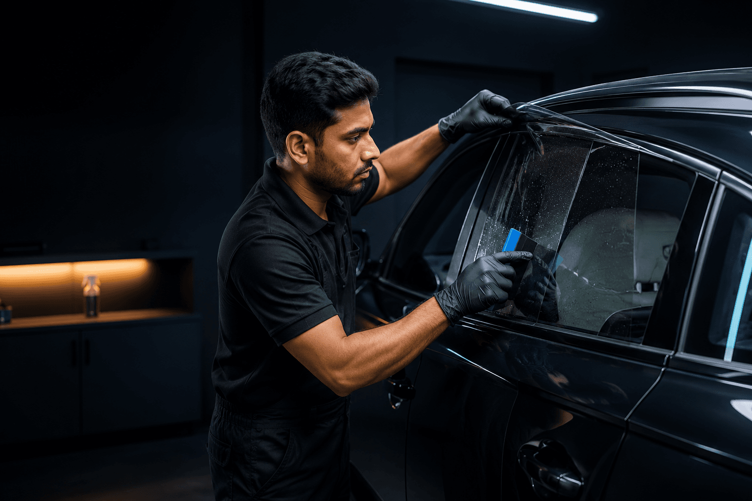 Professional technician installing SUNKOOL window film on a car