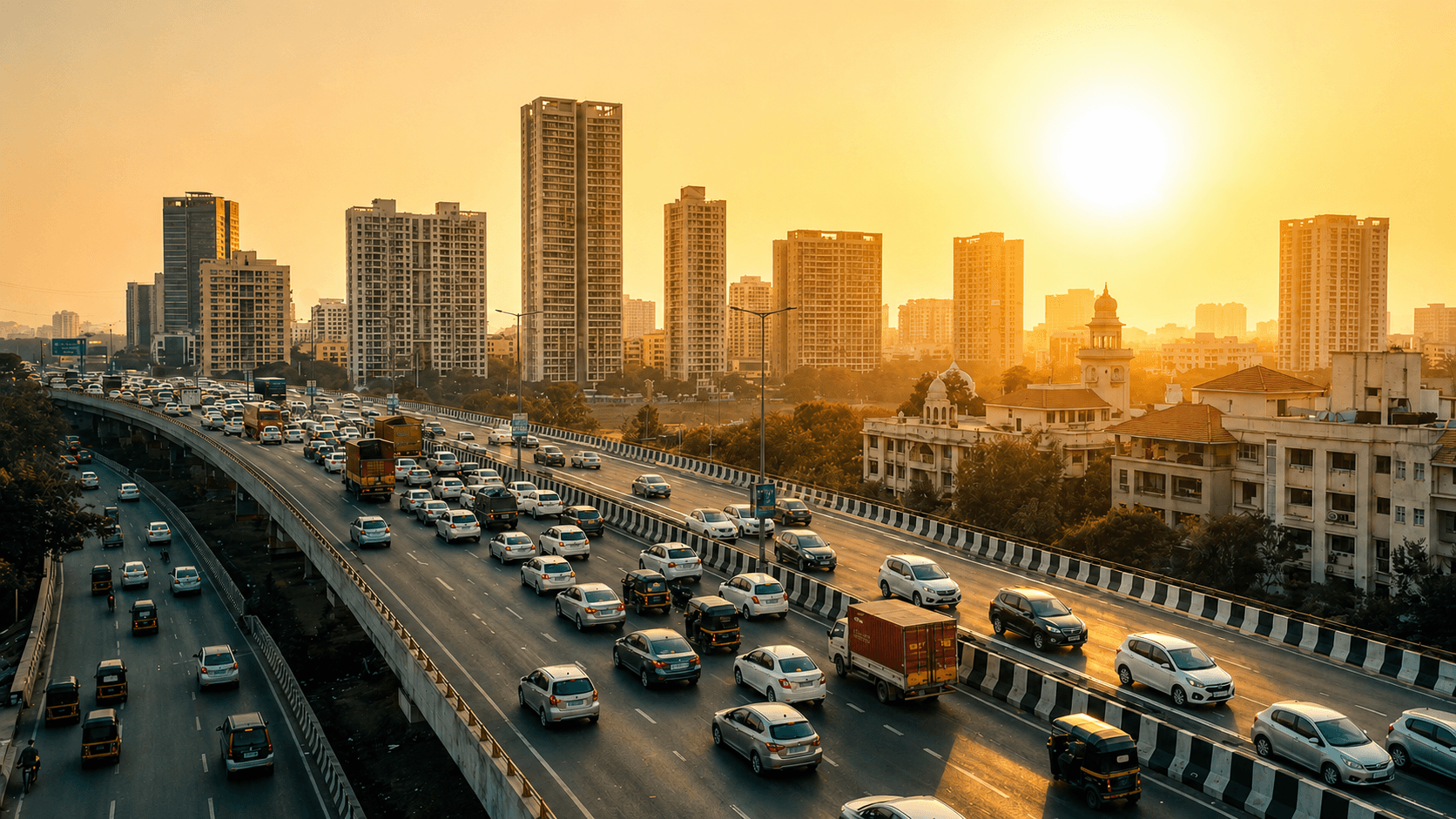 Elevated expressway and skyline in Pune at golden hour