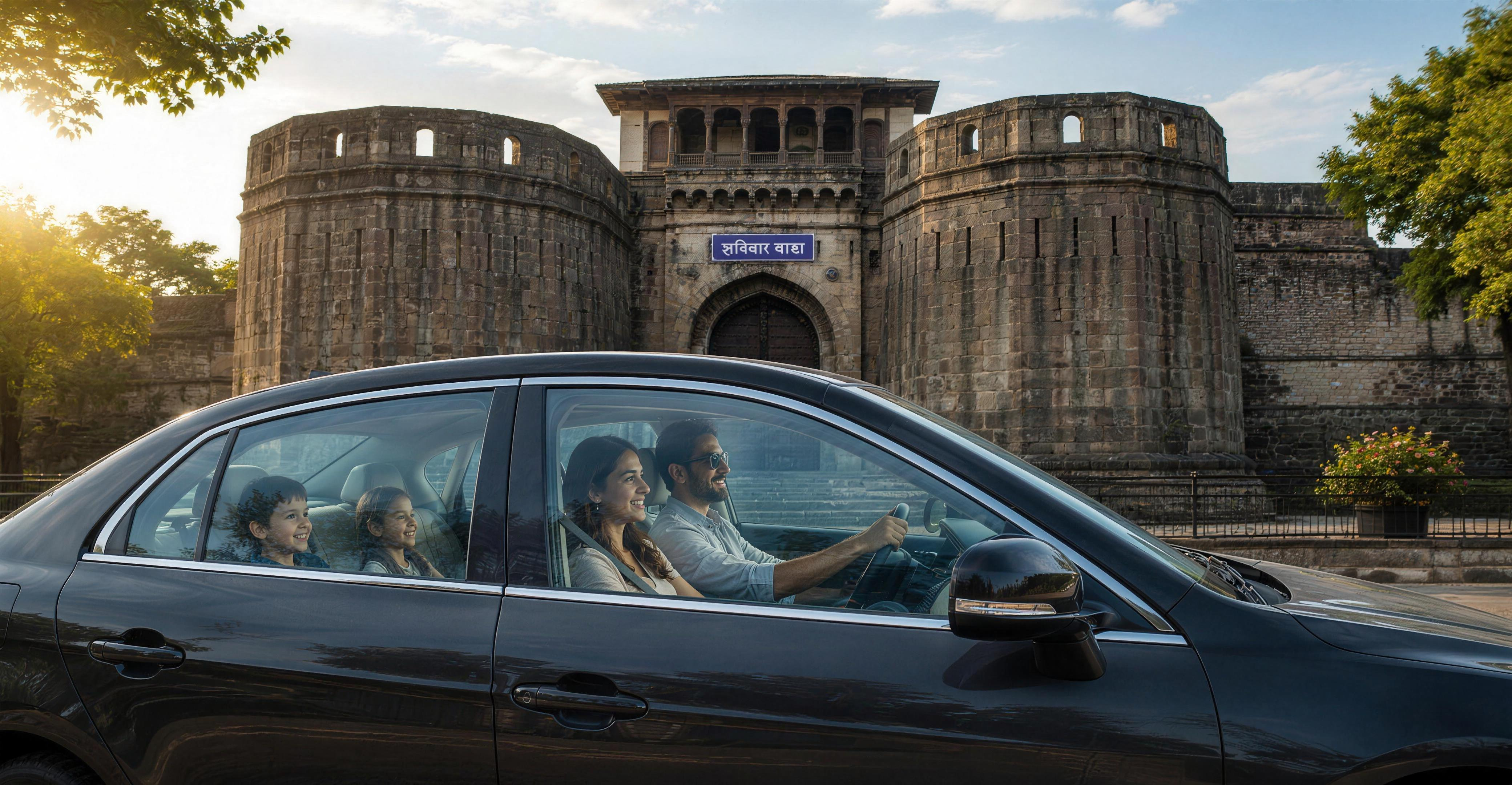 Family driving with SUNKOOL window film tinted windows past Shaniwar Wada in Pune