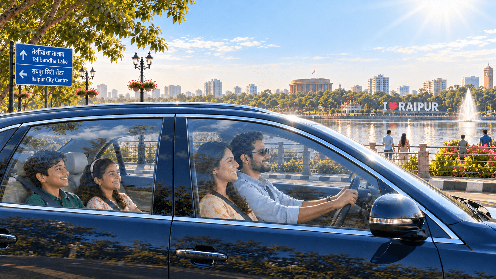 Car driving through Raipur under bright sun with SUNKOOL heat-control window film