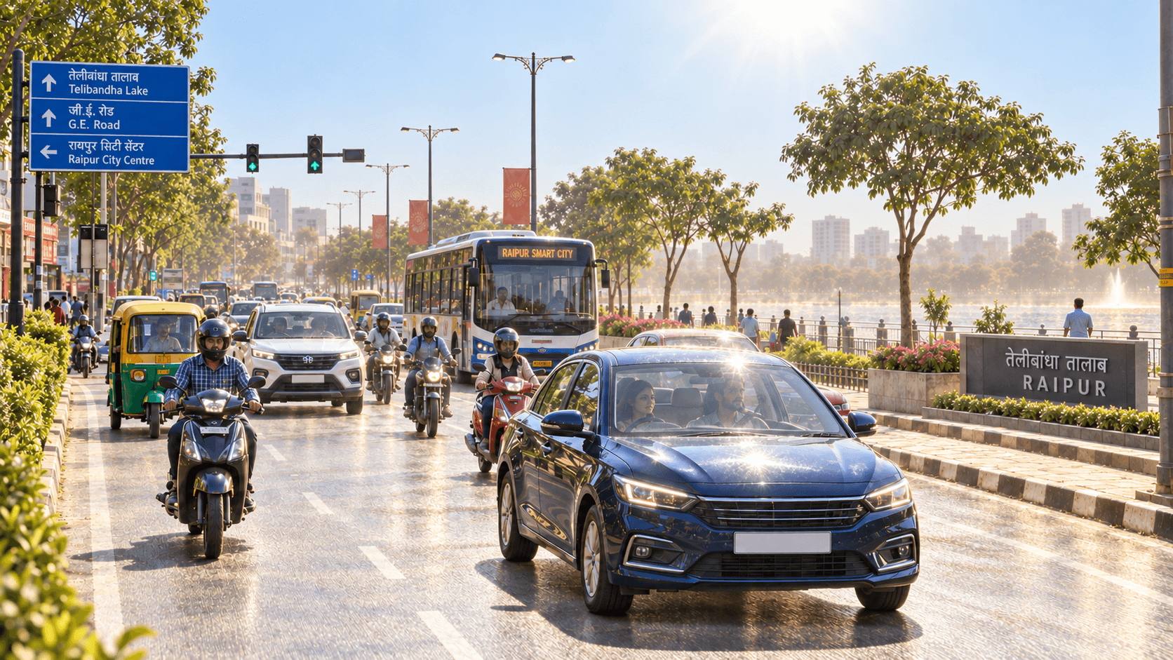 Cars in daytime traffic on a Raipur road under bright sun