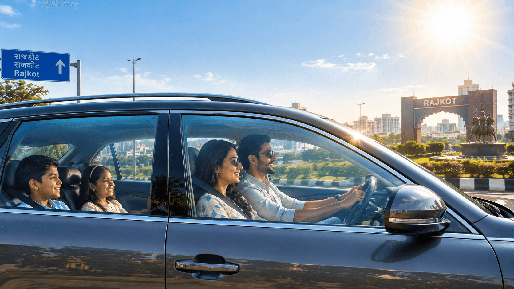 Car driving through Rajkot under bright sun with SUNKOOL heat-control window film