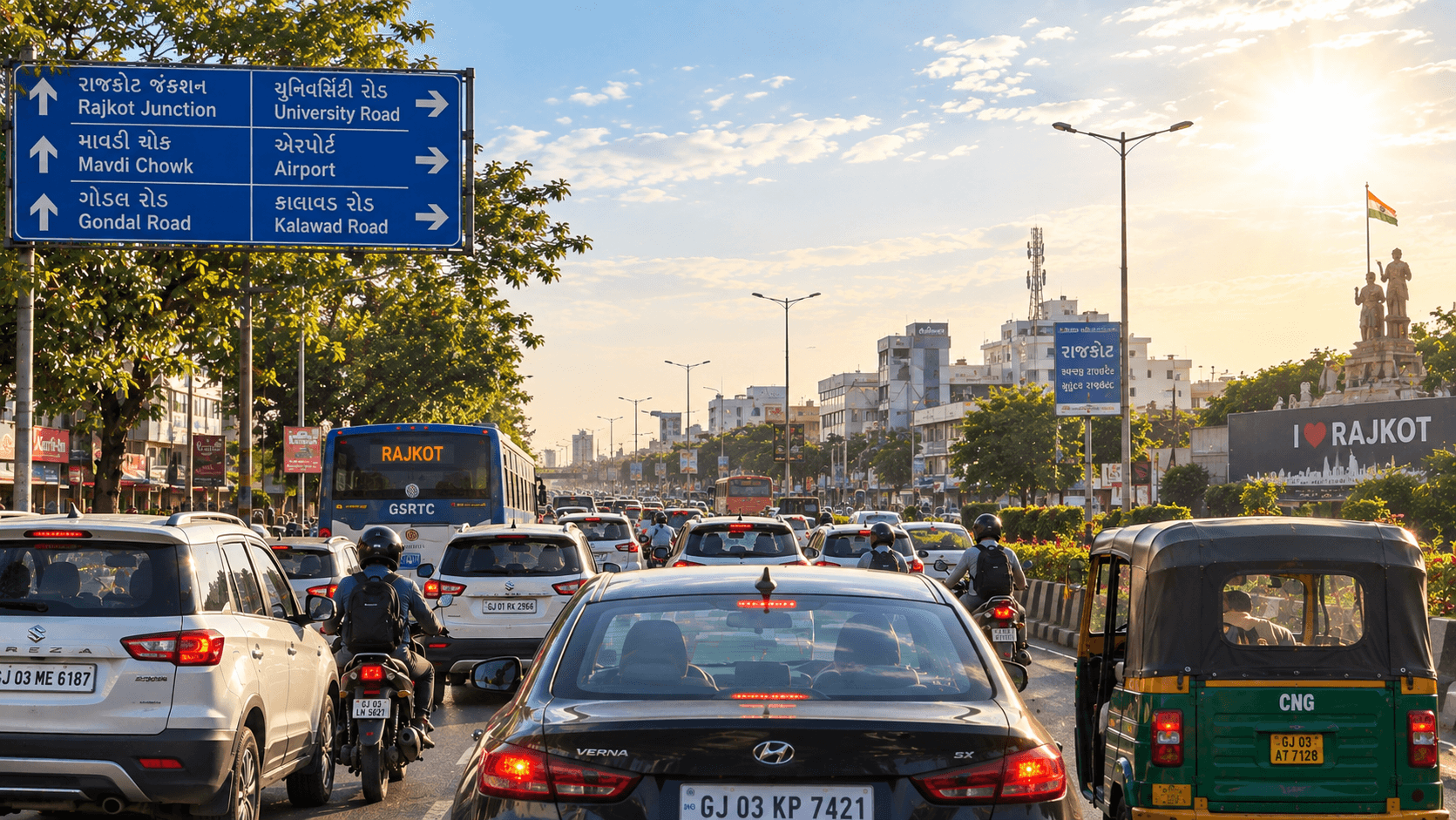 Cars in daytime traffic on a Rajkot road under bright sun
