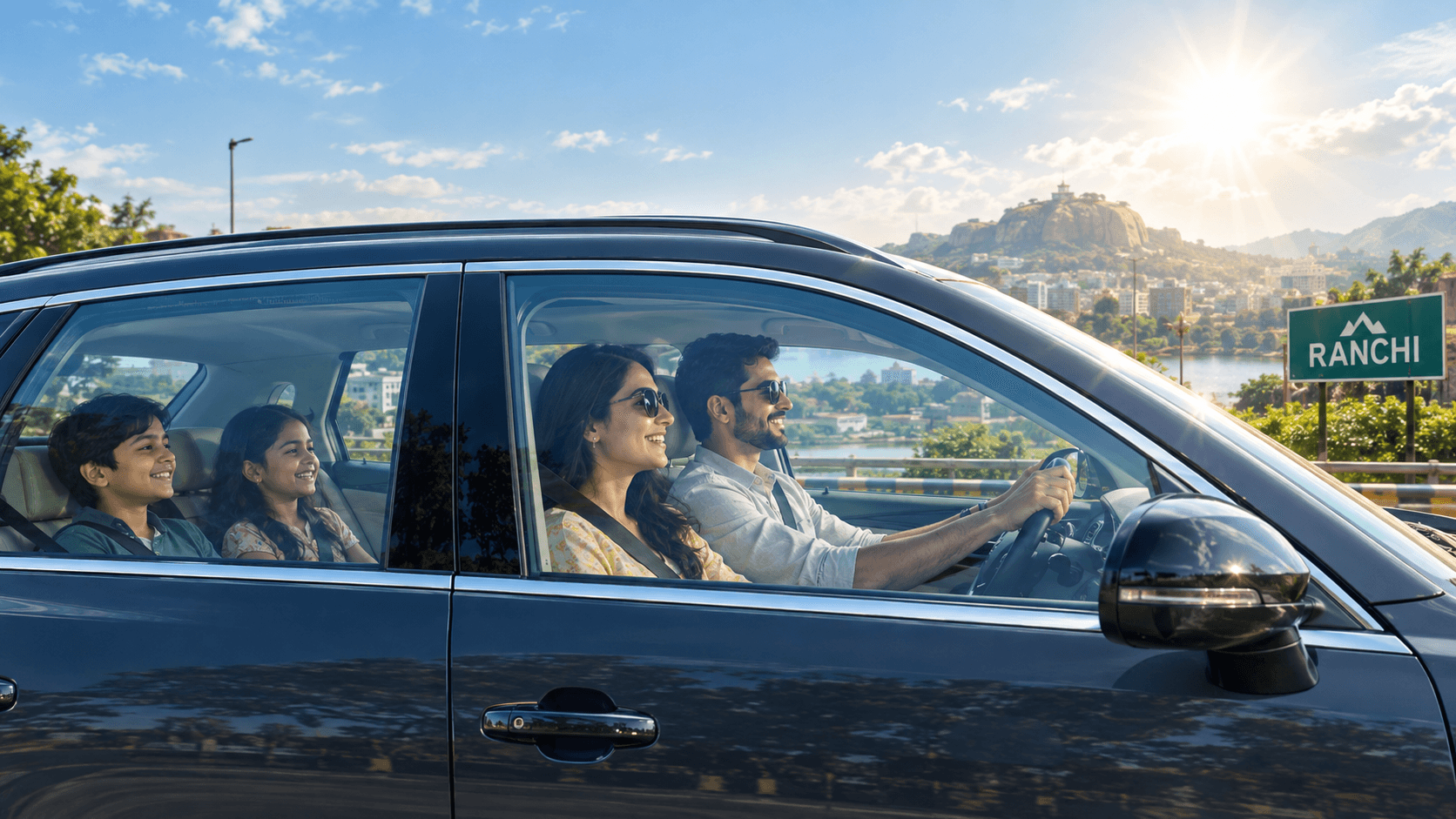 Car driving through Ranchi under bright sun with SUNKOOL heat-control window film