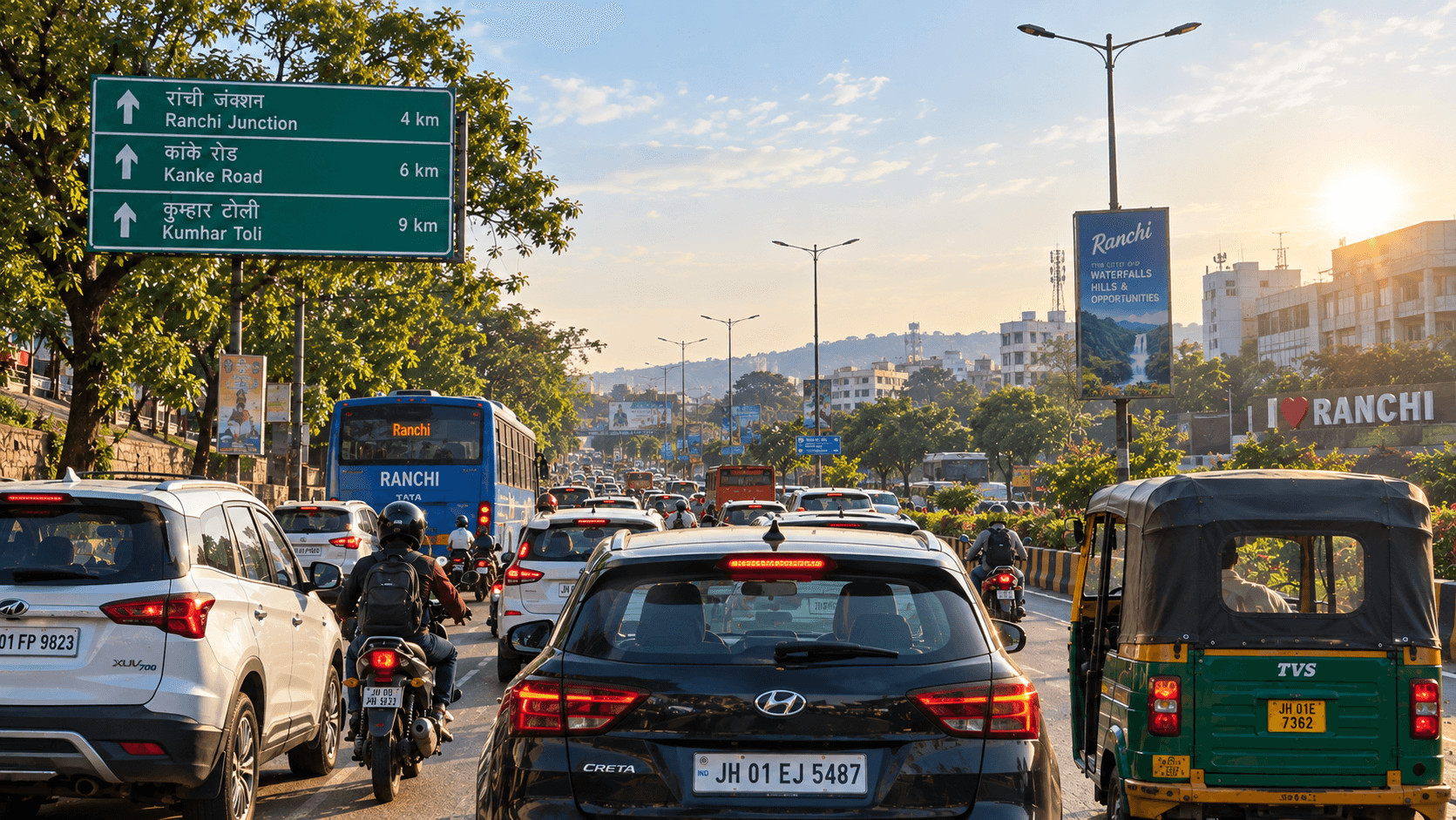 Cars in daytime traffic on a Ranchi road under bright sun