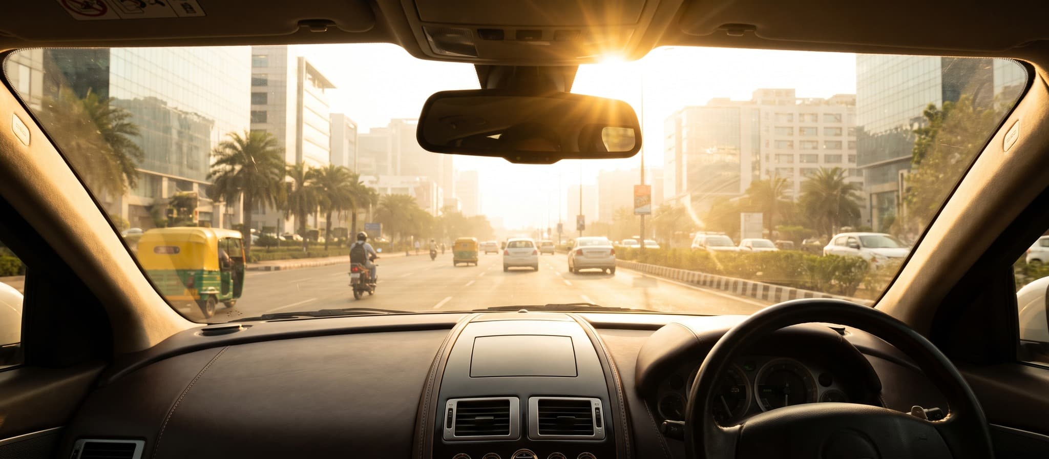 Harsh sunlight and glare through a car windshield without SUNKOOL window film