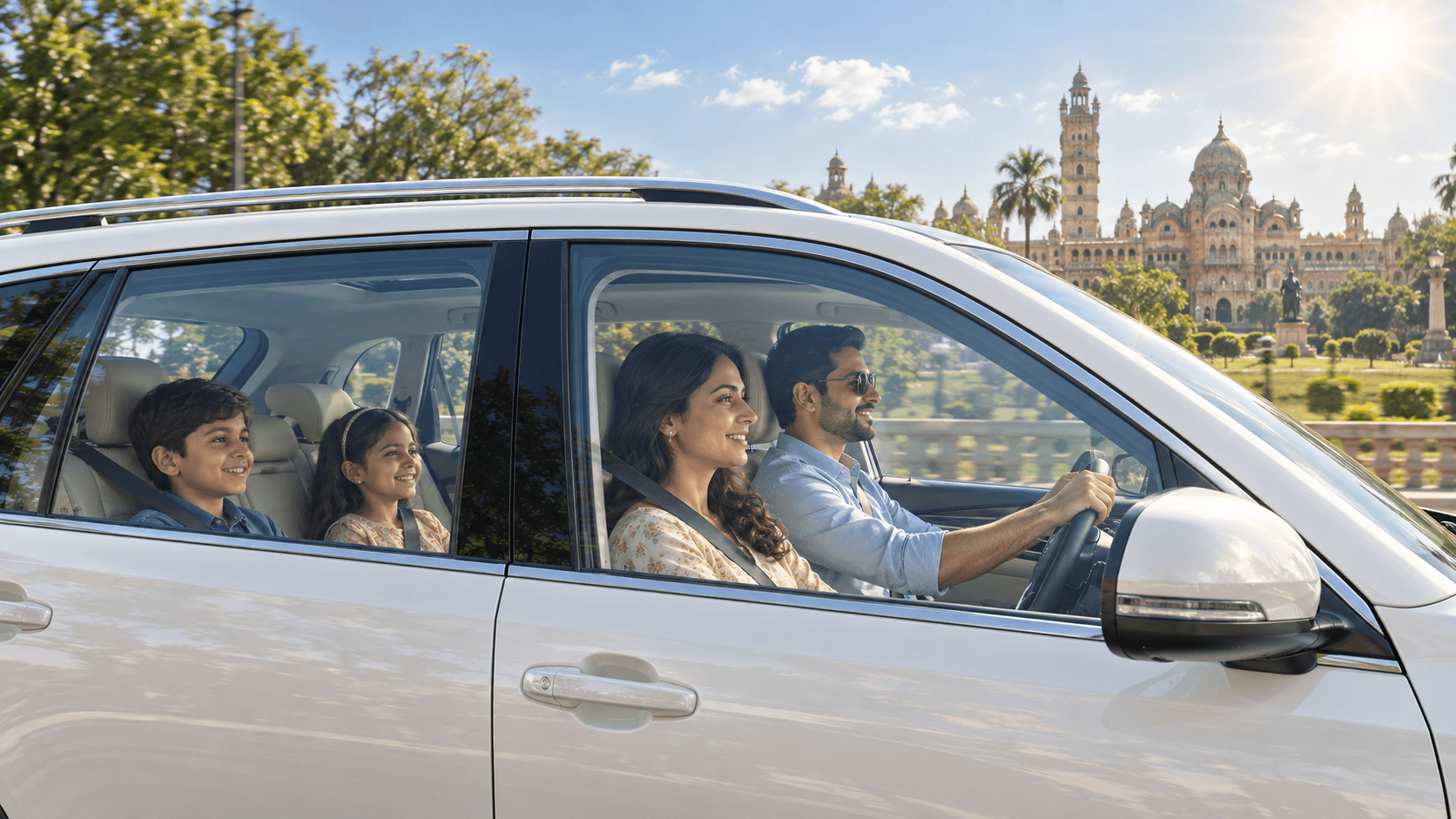 Car driving through Vadodara under bright sun with SUNKOOL heat-control window film