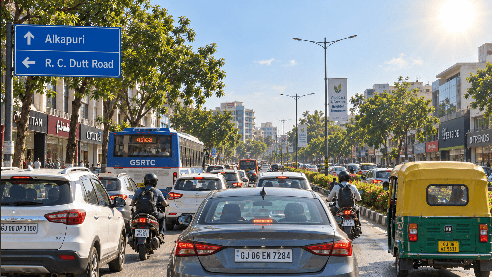 Cars in daytime traffic on a Vadodara road under bright sun