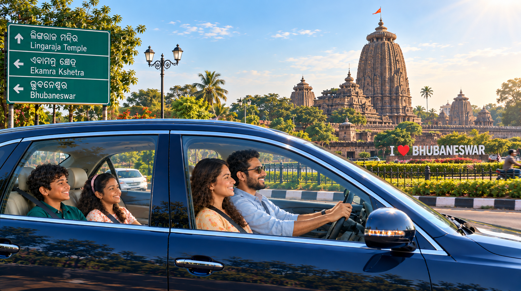 Car driving through Bhubaneswar under bright sun with SUNKOOL heat-control window film